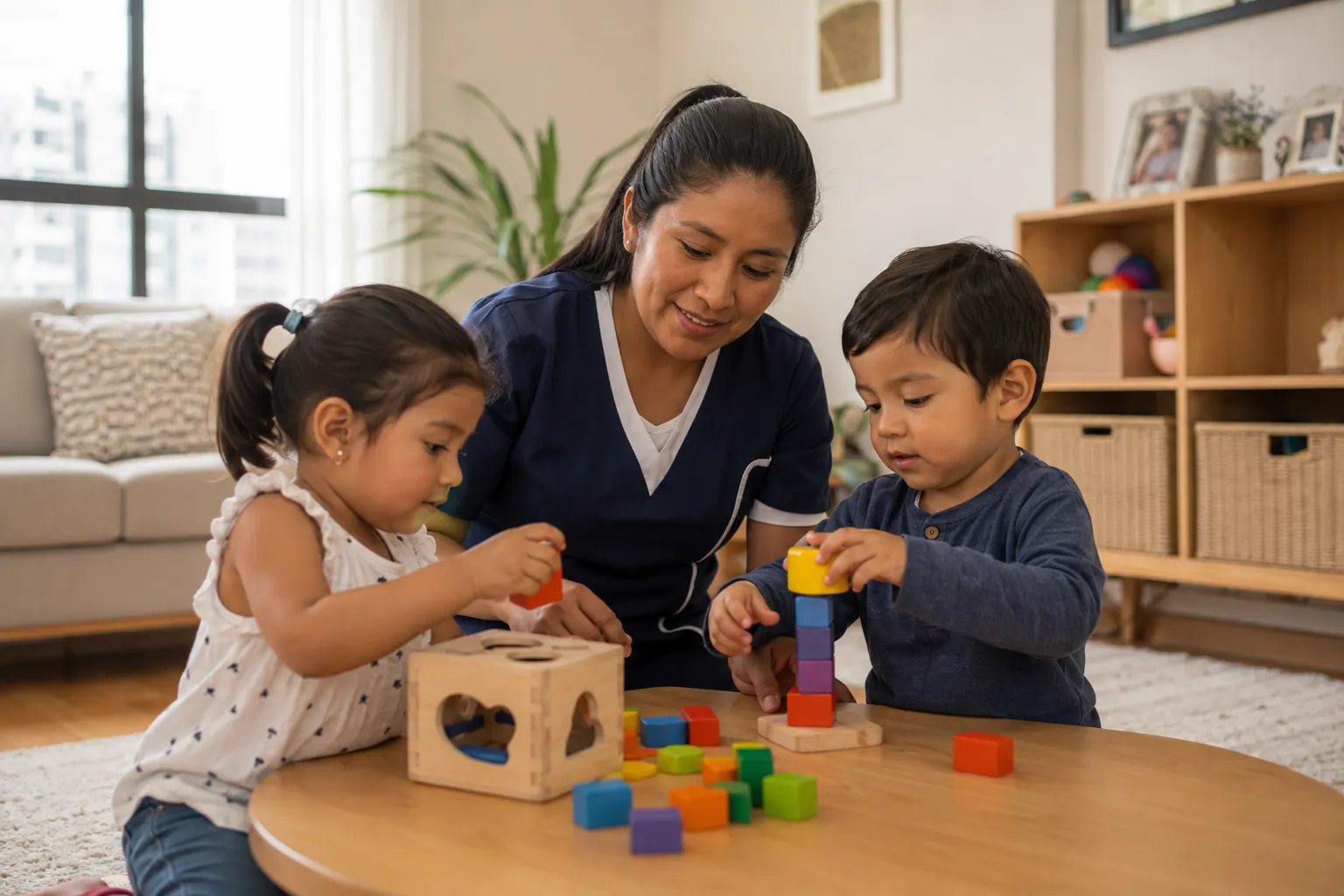 Cuidadora peruana acompañando a dos niños mediante juegos educativos