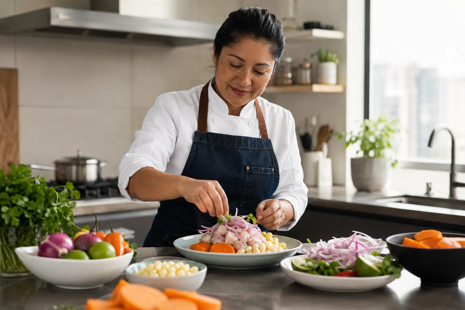 Cocinera peruana preparando comida con ingredientes frescos