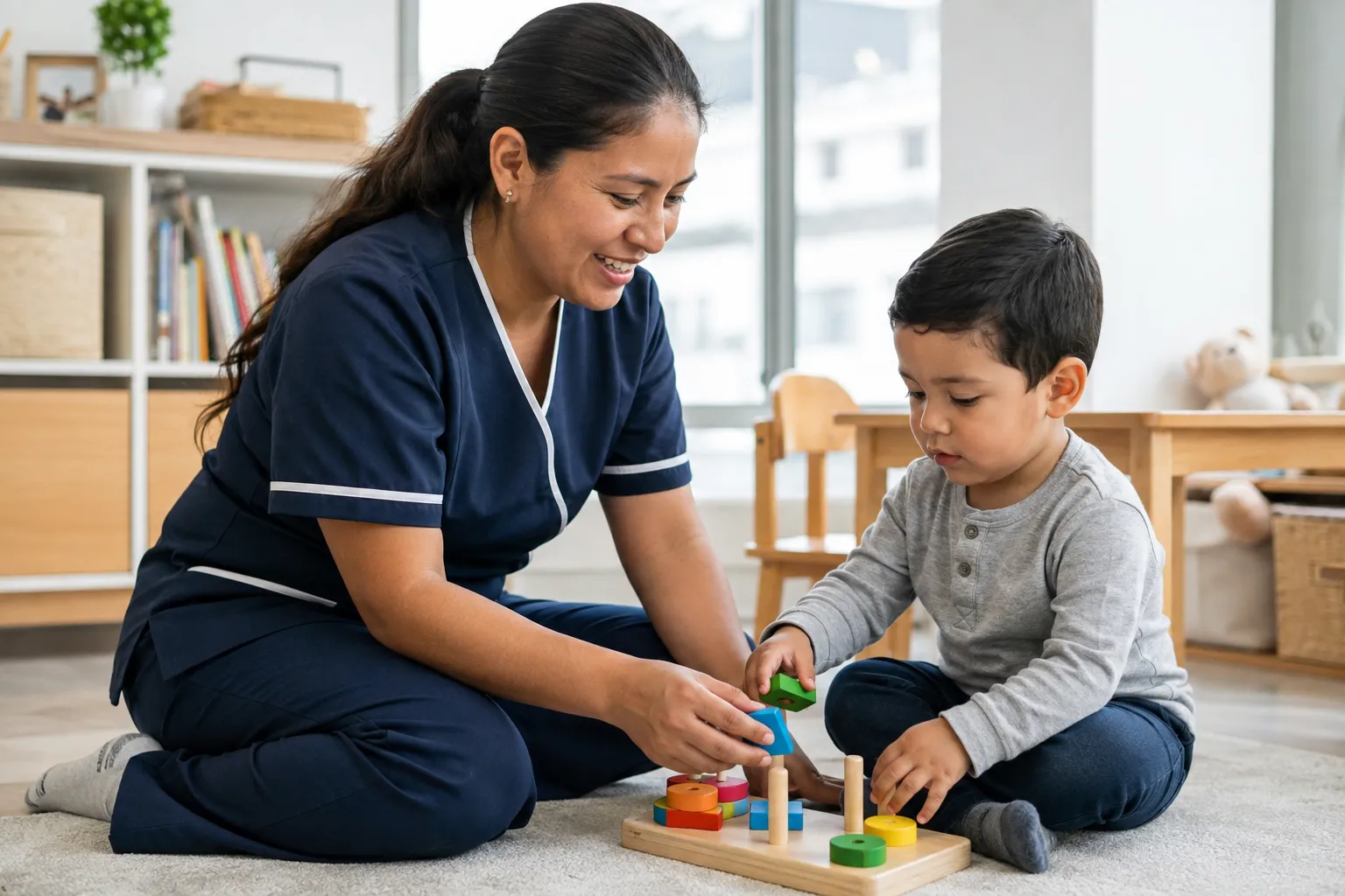 Niñera peruana de 34 años realizando actividades educativas con un niño